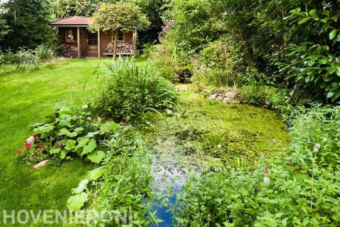 Tuin met natuurlijke vijver, gazon en houten blokhut