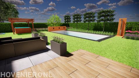 3D tuinontwerp van tuin met terras, gazon, vijver en jacuzzi