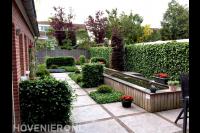 Achtertuin met vijver van hout en kleurrijke beplanting