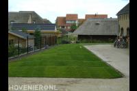 Tuinaanleg met bestrating, gazon van graszoden en hekwerk