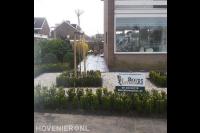 Voortuin met grind, buxus en bestrating van betontegels 1