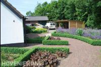 Klassieke tuin met buxushagen en bestrating van rode waaltjes 2