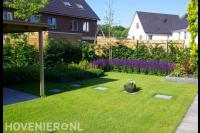 Achtertuin met gazon en kleurrijke beplanting 1