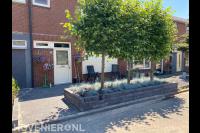 Voortuin met plantenbak van stapelblokken