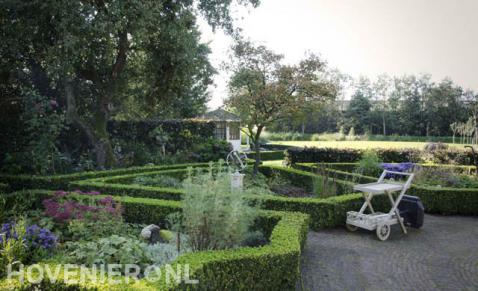Klassieke tuin verdeeld in vakken met buxus