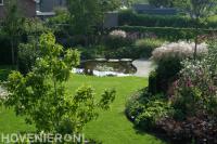 Groene tuin met vijver, vlonder en gazon