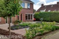 Bolcatalpa's in border bedekt met boomschors langs oprit