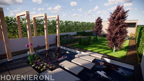 3D tuinontwerp van tuin met vijver en houten pergola