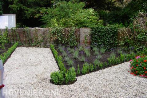 Tuin met grind en borders omgeven door buxus