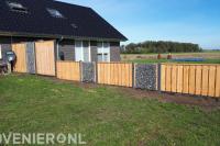 Schutting met houten schermen afgewisseld met schanskorven