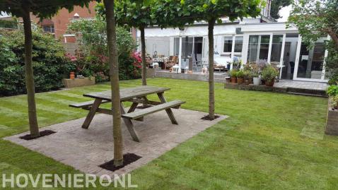 Achtertuin met graszoden en terras met picknicktafel en dakplatanen