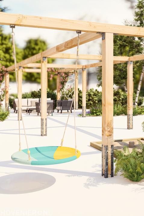 houten pergola met nestschommel speeltoestel voor kind