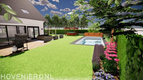 3D tuinontwerp van tuin met terras, gazon, vijver en jacuzzi