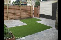 Jonge leibomen voor houten schutting met tuinpoort