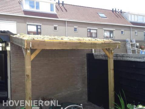 Houten overkapping met groen dak