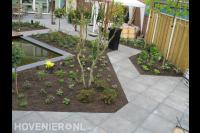 Strakke tuin met vijver, borders en grote tegels