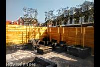 Tuinaanleg met bestrating, plantenbakken, leibomen en houten schutting