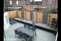 Moderne tuin met bestrating, verhoogde border, leibomen en schutting
