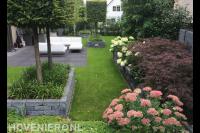 Groene tuin met terras en verhoogde borders