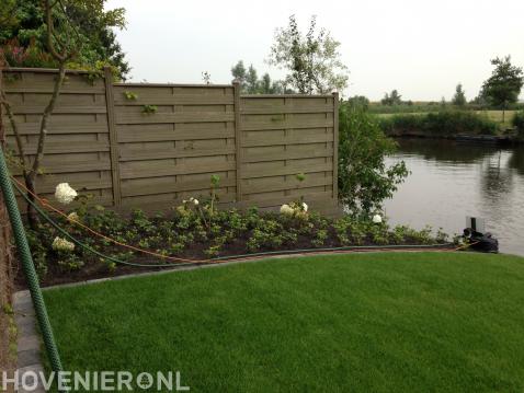 Tuin aan het water met gazon en jonge planten in border