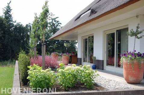 Verhoogd terras met leibomen, grote bloempotten en kleurrijke planten