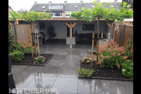 Tuinaanleg met sierbestrating, borders en dakplatanen