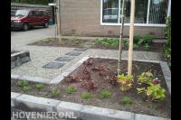 Kleine voortuin met plantenbakken en grind