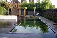 Moderne tuin met strakke vijver, vlonder en pergola