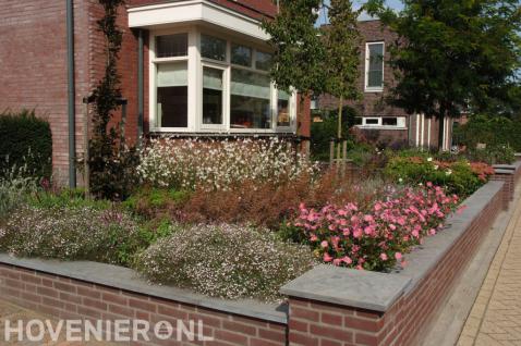 Voortuin met stenen muurtje en kleurrijke beplanting