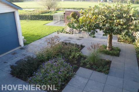 Open tuin met gazon, borders en bestrating van grote betontegels 1