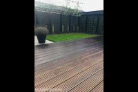 Tuinaanleg met vlonder, donkere schutting en leibomen