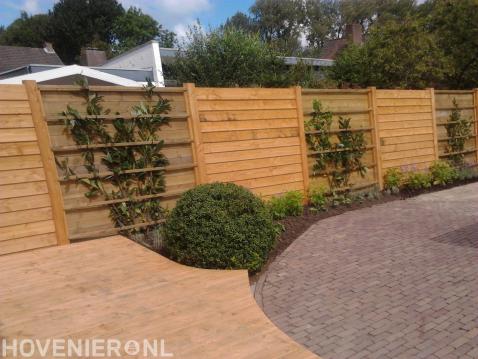 Houten schutting met klimplanten