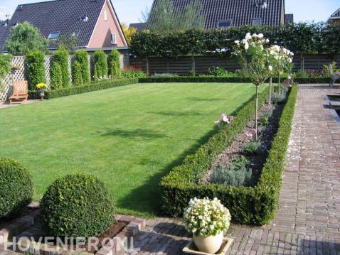 Ruime tuin met groot gazon, hagen en leibomen