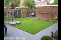 Hedera schutting met maten van wilgentenen en leibomen in achtertuin