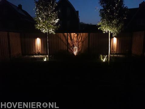 Buitenverlichting met spots onder bomen en op schutting 2