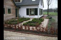 Tuin met grind tussen borders met buxus