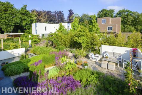 Moderne tuin met vijver, zithoek met vlonder en veel groen 2