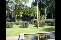 Gazon met hagen in kubusvorm bij vijver