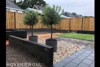 Tuinaanleg met bestrating, gazon, houten vlonder en schutting