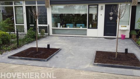 Onderhoudsarme tuin met bestrating en twee jonge boompjes