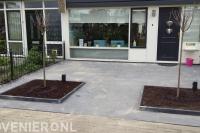 Onderhoudsarme tuin met bestrating en twee jonge boompjes