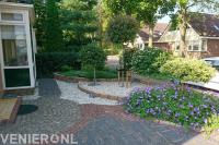 Voortuin met bestrating van verschillende soorten stenen