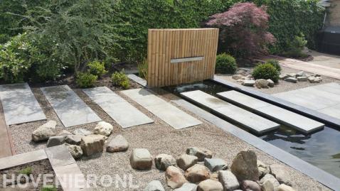 Japanse tuin met vijver en bamboe waterval