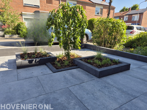 "Strakke verhoogde plantenborder als blikvanger in de tuin"