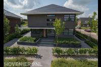 Moderne voortuin met verhoogde borders met siergras