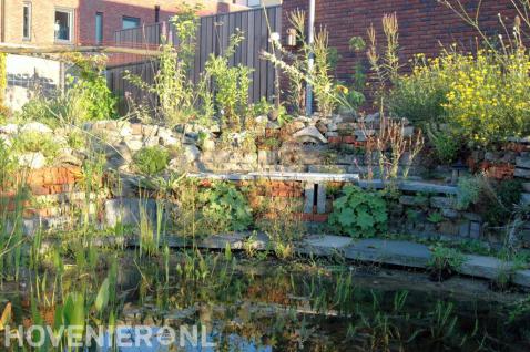 Stapelmuur van oude stenen bij ecologische vijver 3