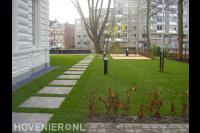 Gazon met vlonder, stapstenen en buitenverlichting