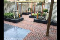 Achtertuin met houten pergola, borders van stapelblokken en waaltjes