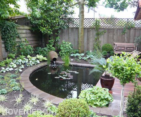 Tuin met houten overkapping, vlonder en vijver 2