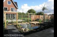 Tuin met vijver, pergola's en schutting van betongaas met klimop 2